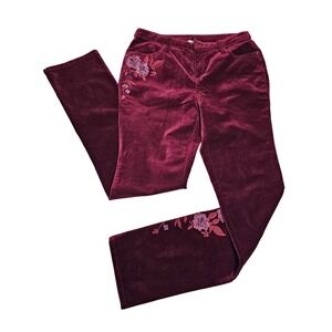 Sundance Burgundy Velvet Floral Embroidered Straight Leg Pants Size 26 Boho